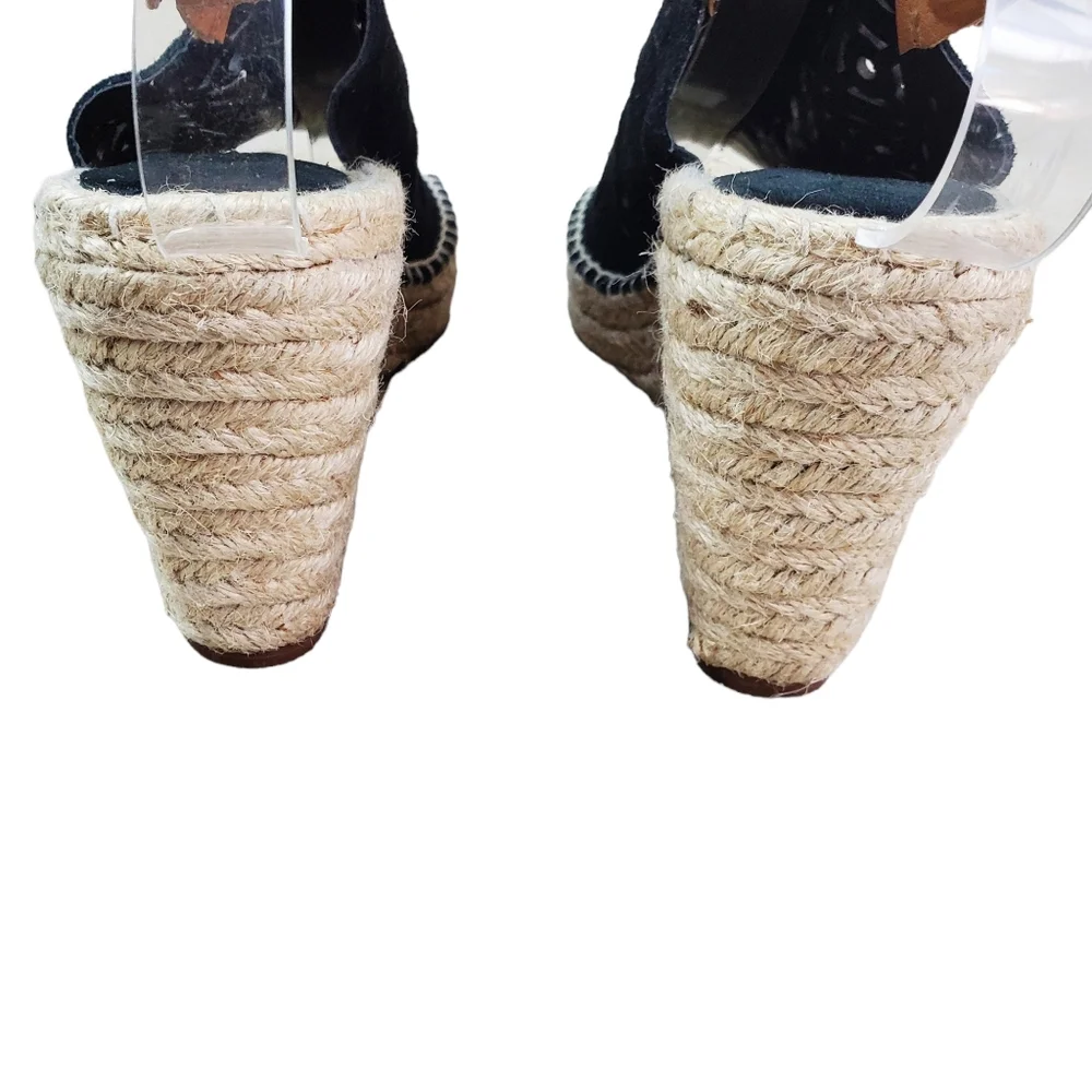 Seychelles Black Laser Cut Suede Leather Espadrille Wedge Shoes Size 7.5